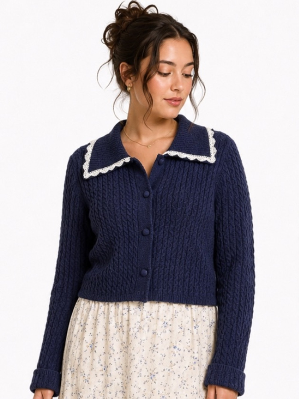 TAES Navy Cable Knit Cropped Cardigan White Lace Collar Size Large
